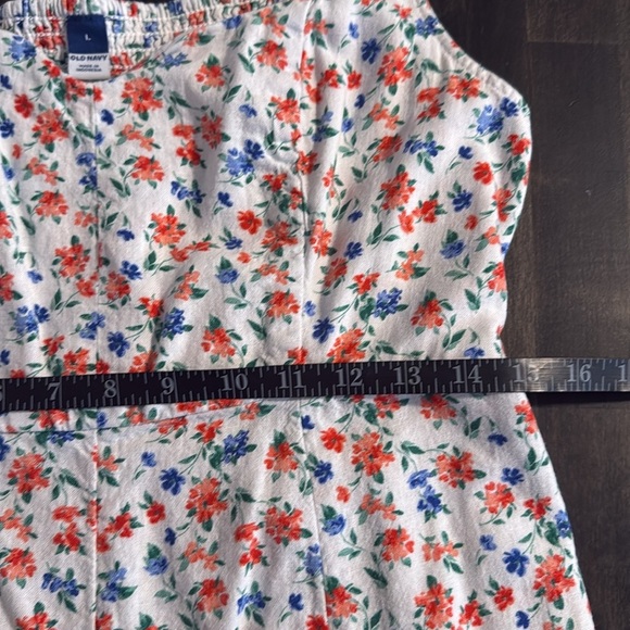 Old Navy Red White Blue Floral Linen Sweetheart Dress Smocked Back Midi Size LG - Picture 9 of 10